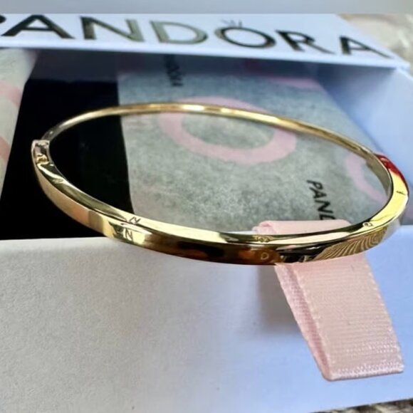 Pandora Signature 14k Solid Gold I-D Bangle Bracelet 552227C00 Size 1 (6.3 In)